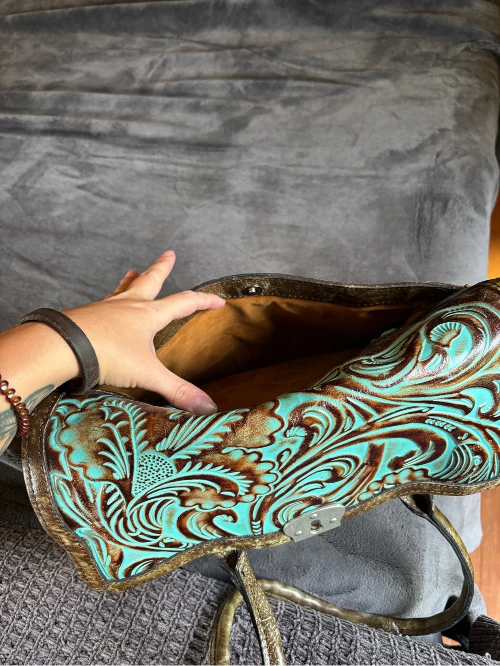 Patricia Nash Italian Leather Vienna Satchel, Tooled Turquoise, Like New Purse